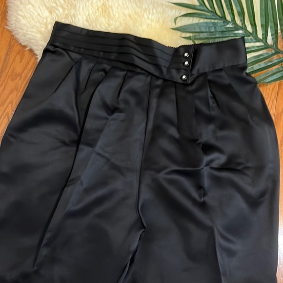 Maggie Lawrence Collection Pants - Vintage High Waisted Black Trousers with Satin Finish & Sash w/ Diamond Buttons